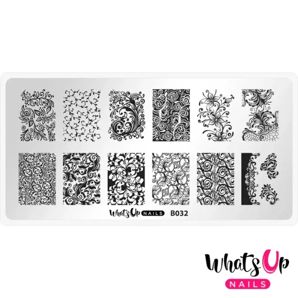 B032 Floral Swirls, Stampingplade, Whats up Nails
